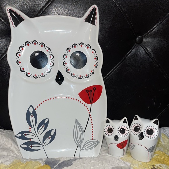 The cellar owl plate and salt pepper shaker set